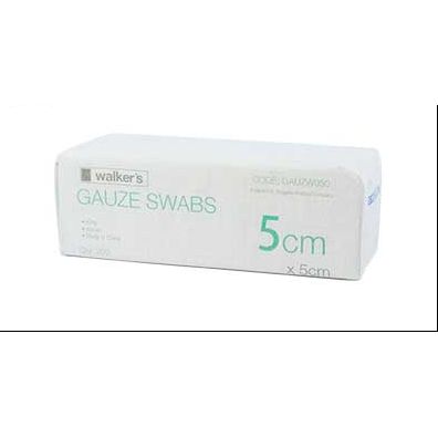 A box of Walker's 8-Ply WOVEN Gauze Swabs, with each swab measuring 5cm x 5cm, packaged in a packet of 200.
