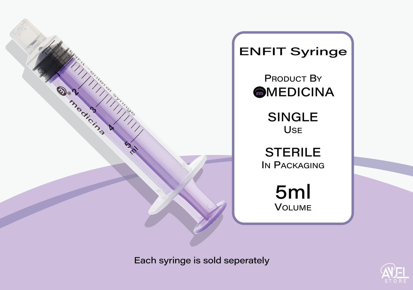ENFIT syringe with Medicina branding on a light purple background