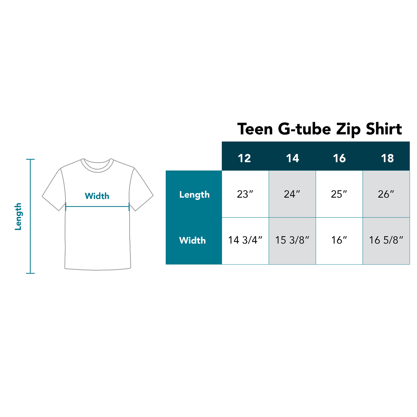 Measurement chart for Teen G-tube Zip Shirt with dimensions listed.