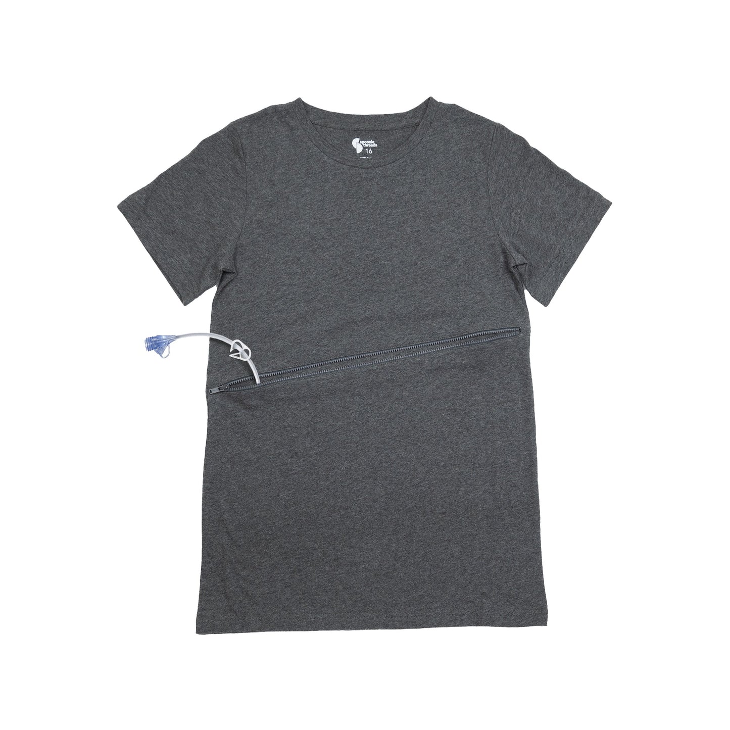 Spoonie threads Charcoal G-tube Zip Shirt Access Tee Size 14