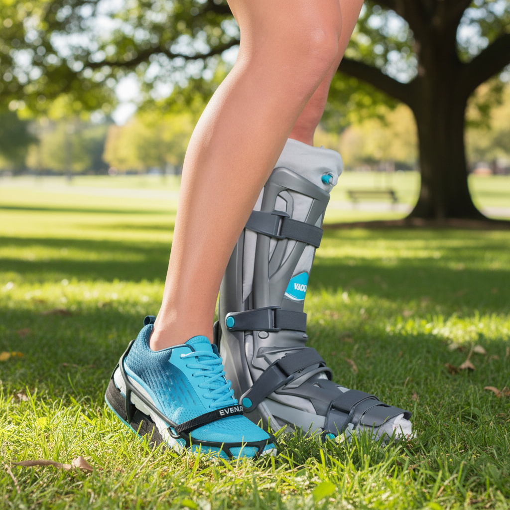 A person's lower legs and feet wearing a gray and white ankle/foot immobilizer brace over blue and black athletic shoes.