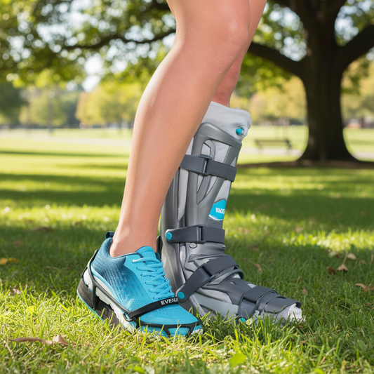 A person's lower legs and feet wearing a gray and white ankle/foot immobilizer brace over blue and black athletic shoes.