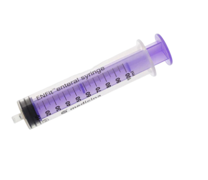 A purple ENFit compliant enteral syringe with clear measurement markings, designed for single use.