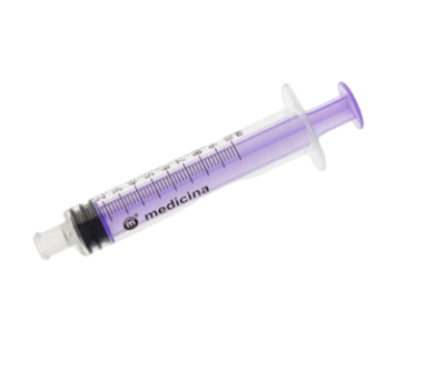 A purple ENFit compliant enteral syringe with clear measurement markings, designed for single use.