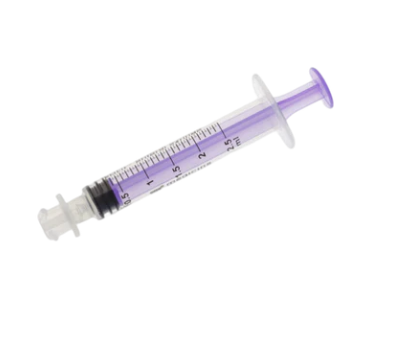 A purple ENFit compliant enteral syringe with clear measurement markings, designed for single use.