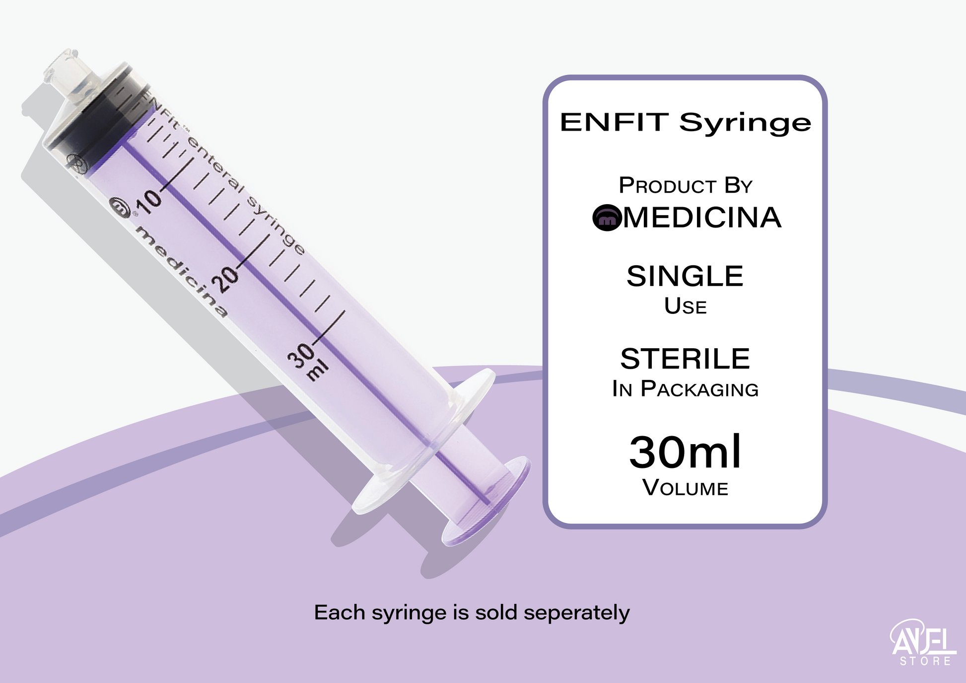 ENFIT syringe with Medicina branding on a light purple background