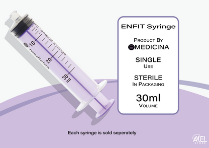 ENFIT syringe with Medicina branding on a light purple background