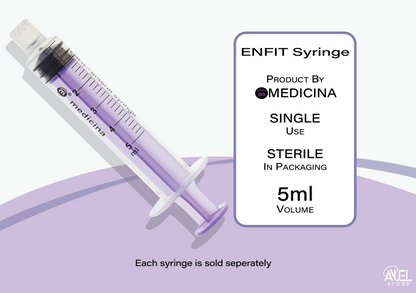 ENFIT syringe with Medicina branding on a light purple background