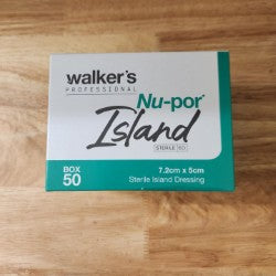 Box of Walker's Nu-por Island dental strips on a wooden surface