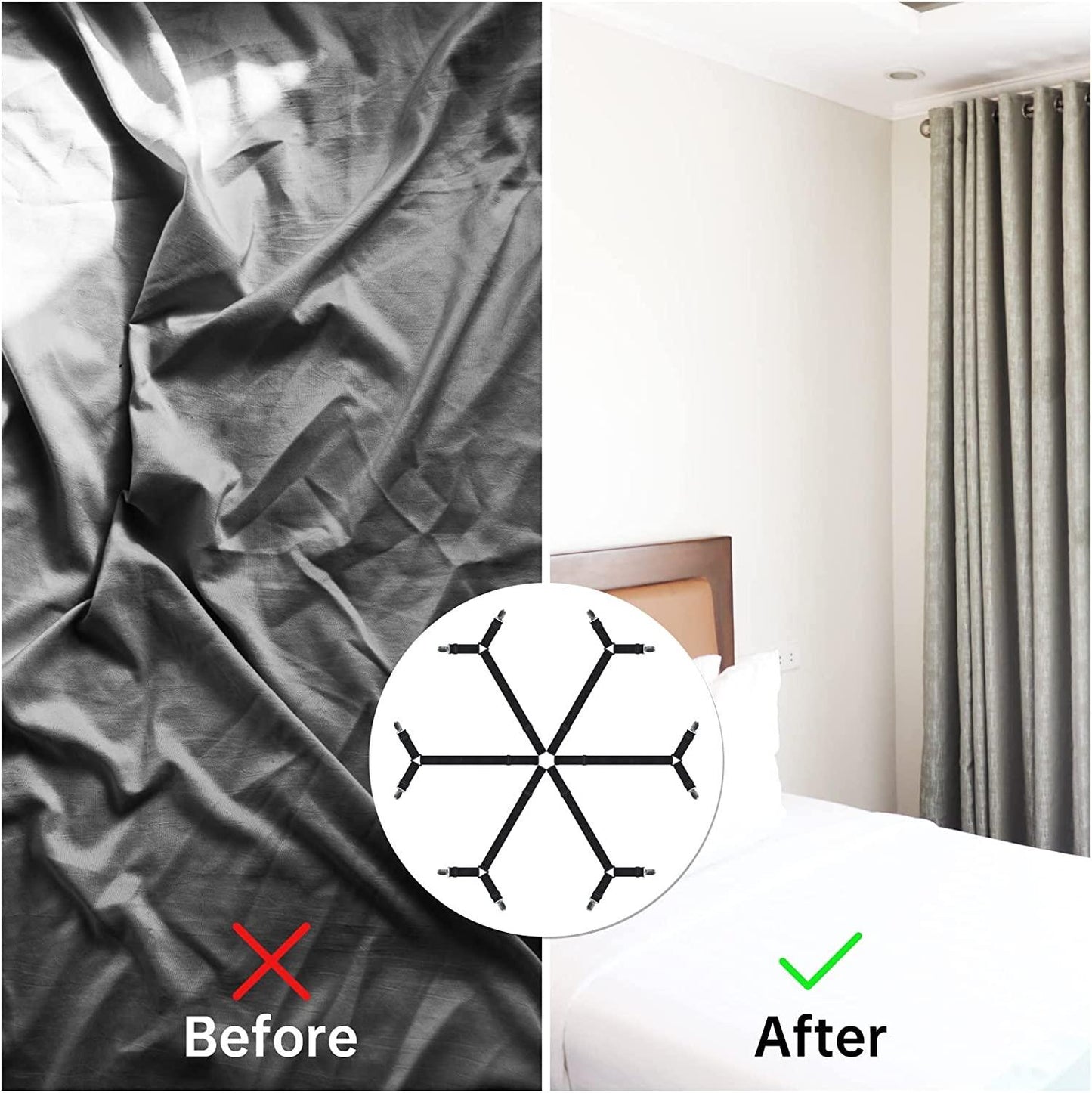 Elastic 6 Way Crisscross Bed Sheet Fasteners, No More Loose Bed Sheets! Adjustable for Single, Queen, King Mattress - Anjelstore 